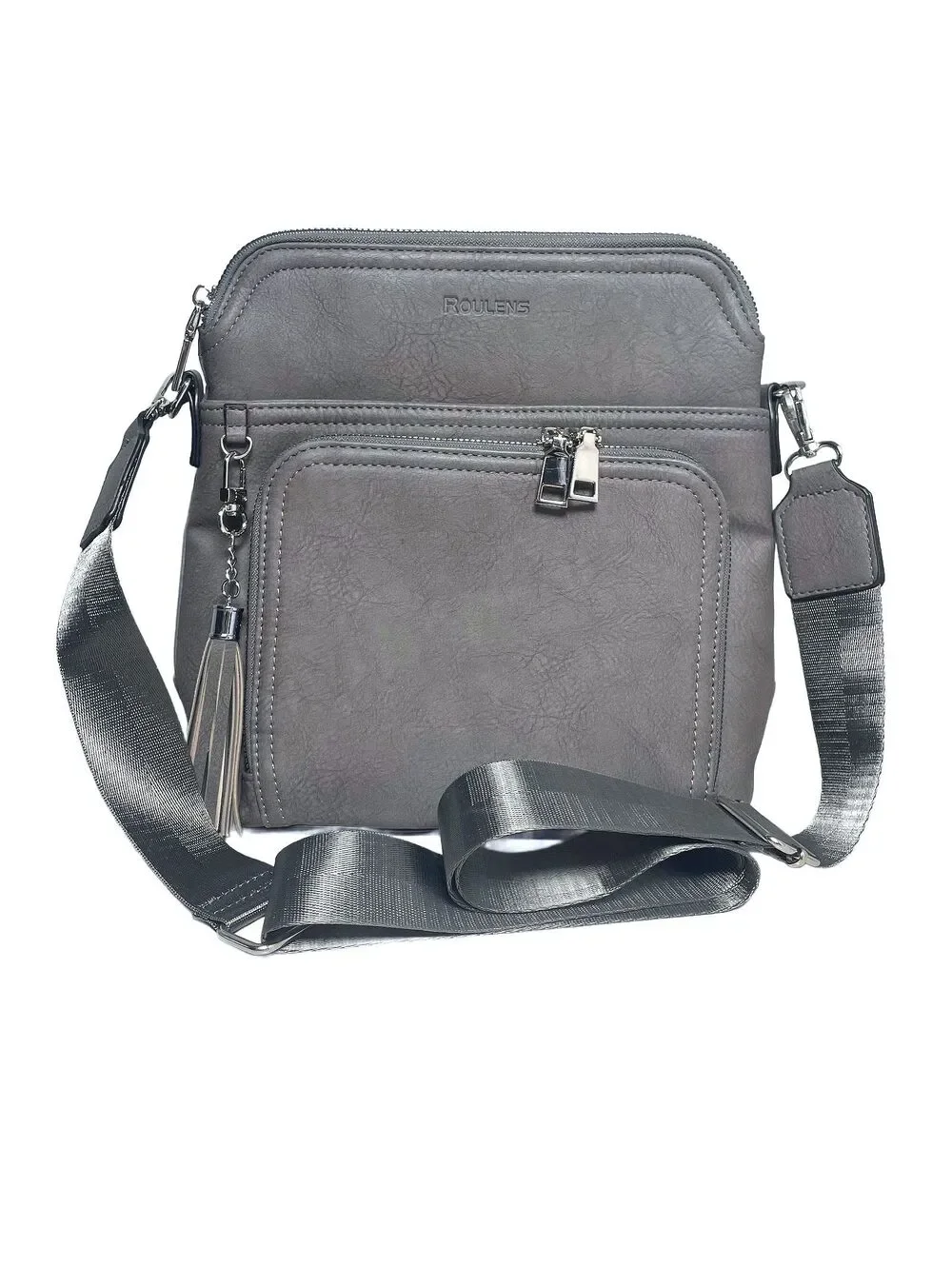 Vegan Leather Gray Roulens Crossbody Wallet Purse Adjustable w/ RFID Travel